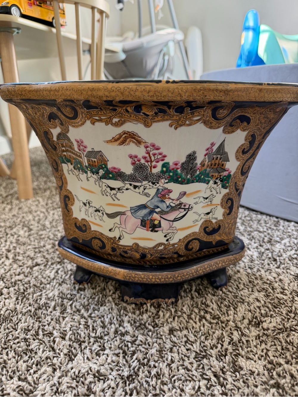 Decorative Asian-Style Porcelain Planter with Horse & Village Scene